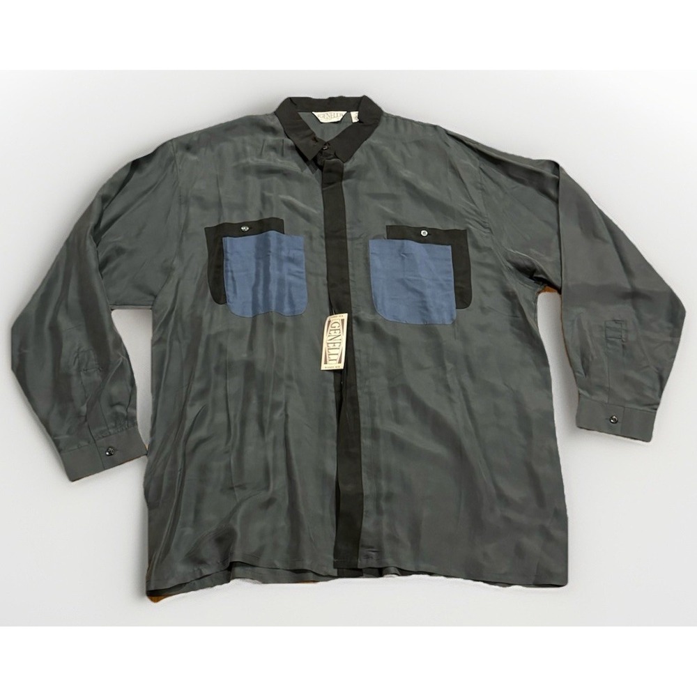 VINTAGE MENS GENELLI SILK SHIRT 100% Silk XL  Blue Gray Pockets New Tags